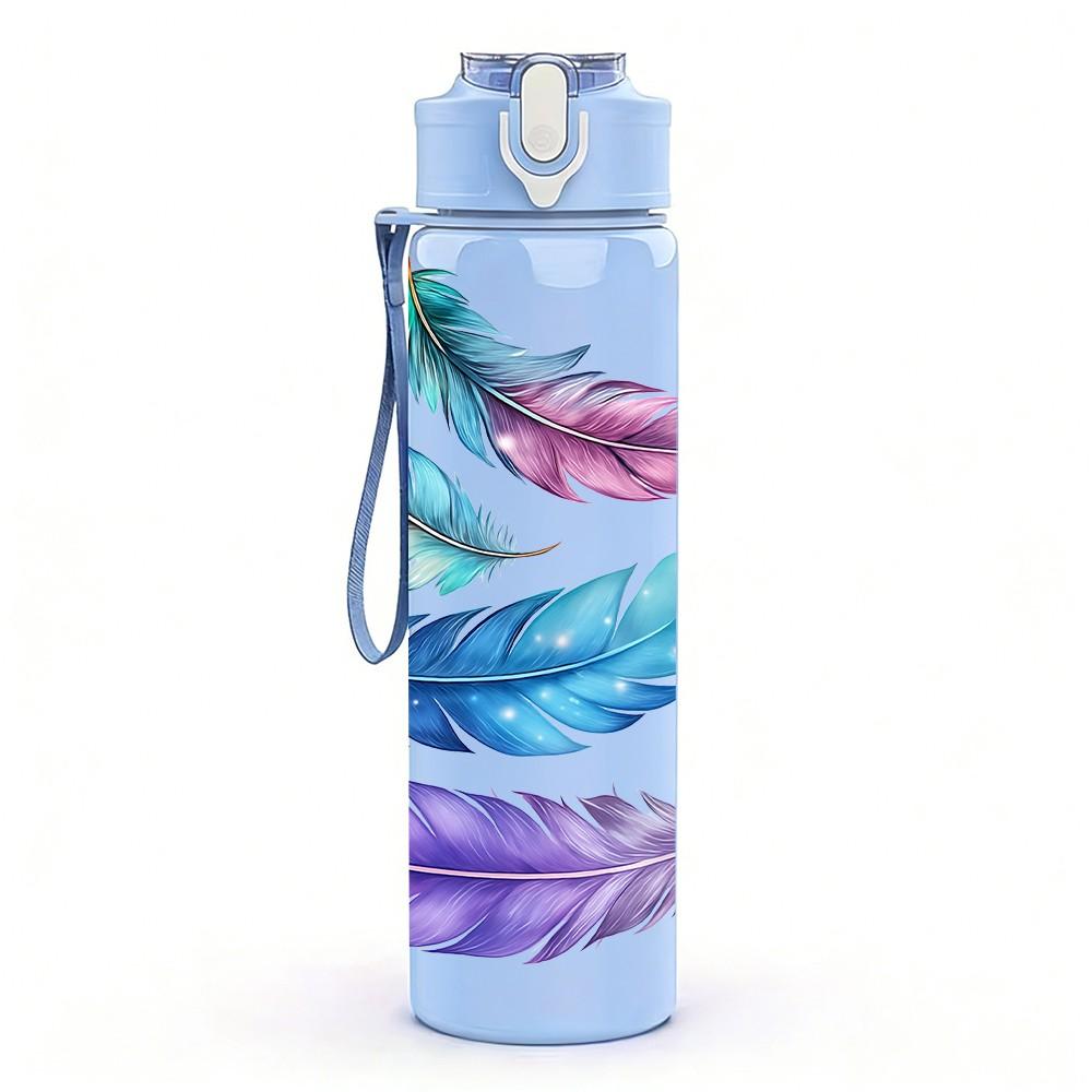 1PC Multicolor Soft Feather Art Print 750ml Color Plastic Sports Water Bottle Leakproof Flip Straw Lid Suitable for Sports Office Home Use