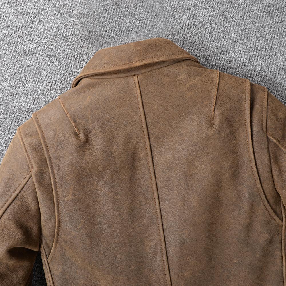 Classic 1930S Style Brown Uncoated Genuine Cow Men Leather Jacket Soft Slim Fit Men's Natural Cowhide Coat Autumn