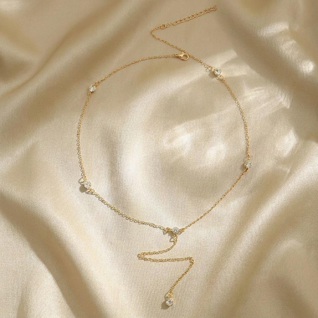 1Pc Golden‑Tone Y‑Shape Lariat Necklace Inlaid Shiny Crystal Bezel‑Set Pendant Dainty Minimalist Neck Chain Jewelry