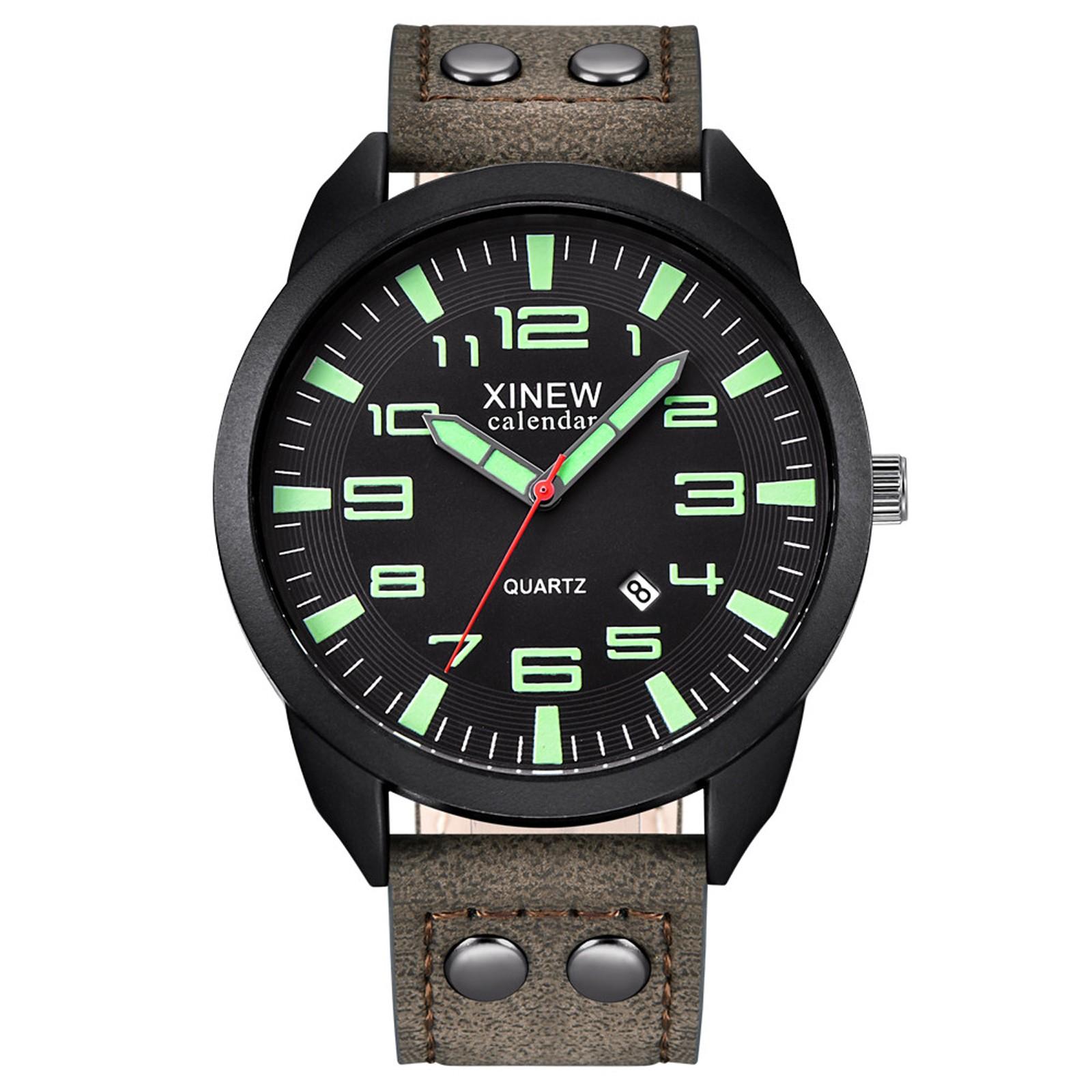 XINEW Men s Quartz Watch Calendar Function Light Brown Leather Strap Luminous Markers Sleek Black Dial Fashionable Wristwatch зелёный