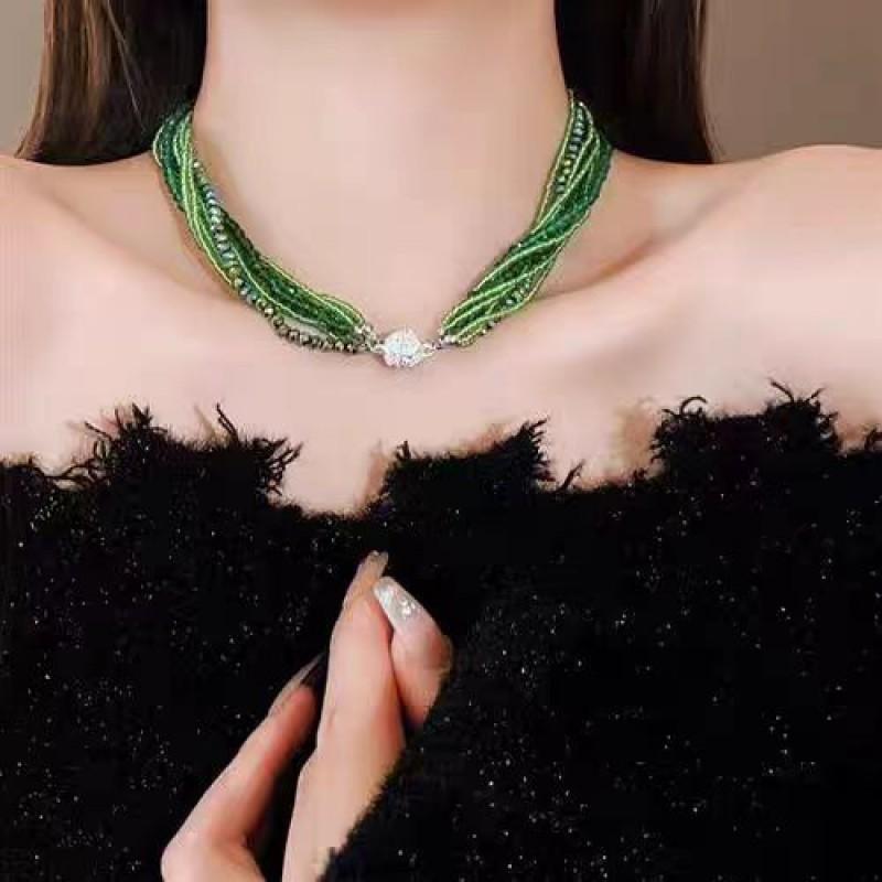 Elegant Multi-Layer Crystal Rhinestone Beaded Necklace Women Green Seed Bead Wrap Chain Alloy Base Micro-Set 2025 Multi-layer Green Bead Necklace