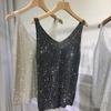 Gilet con paillettes industria pesante taglia grande larga capospalla bretelle top estivo lucido caldo diamanti luce sexy scollo a V