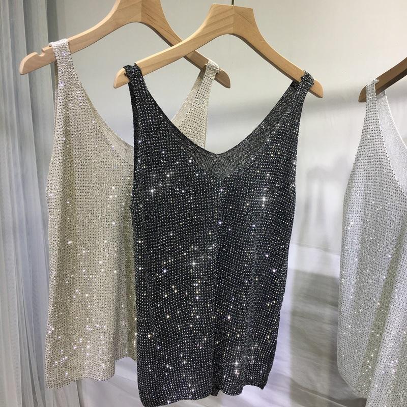 

Heavy industry sequined vest loose large size outer wear suspender top shiny summer hot diamond light sexy V-neck S чёрный