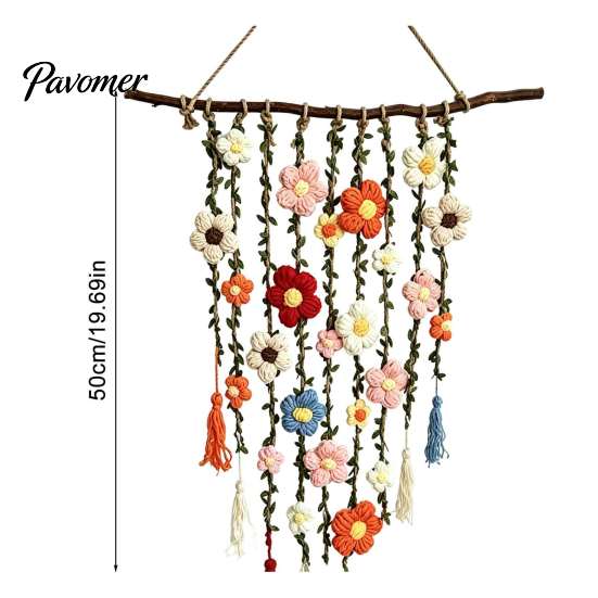 Artisan Knitted Flower Decoration Crochet Garden Wall Hanging, Colorful Tapestry, Handmade Boho Floral Accent Farmhouse Art for Bedroom Living