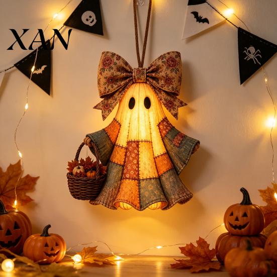 Resin Wall Ornament Lighted Vintage Patchwork Ghost Door Hanger, Rustic Farmhouse Figurine, LED Light Up Hanging Art for Halloween Spooky Statue