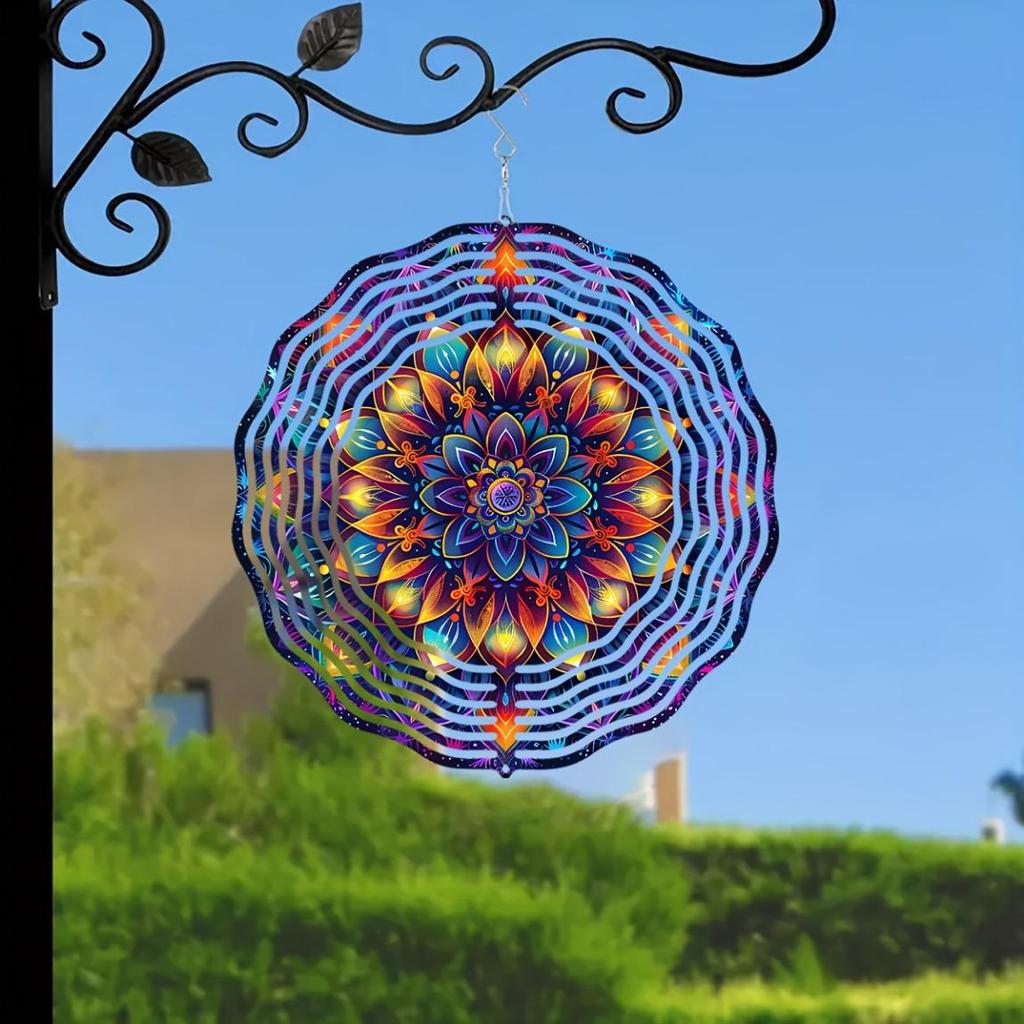 10palcový barevný mandala větrník – 3D laserem řezaná kovová umělecká dekorace, 360° otočný háček pro vnitřní/venkovní použití – Živý geometrický zahradní větrník