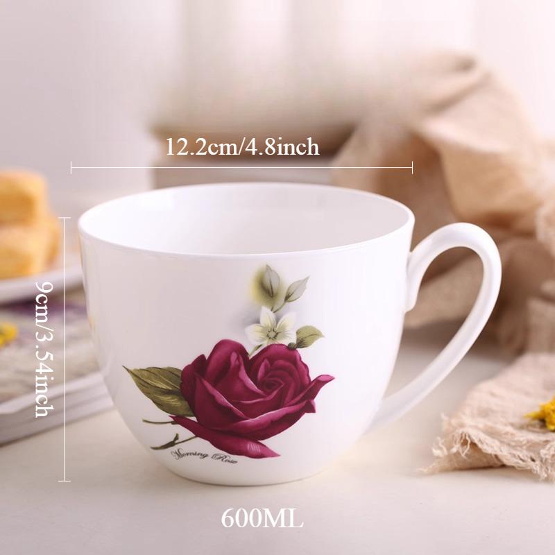 600ml Tasse aus Knochenporzellan mit großem Fassungsvermögen - Blumige Keramiktasse für Milch, Haferbrei, Frühstück, ofen-, mikrowellen- und spülmaschinengeeignet