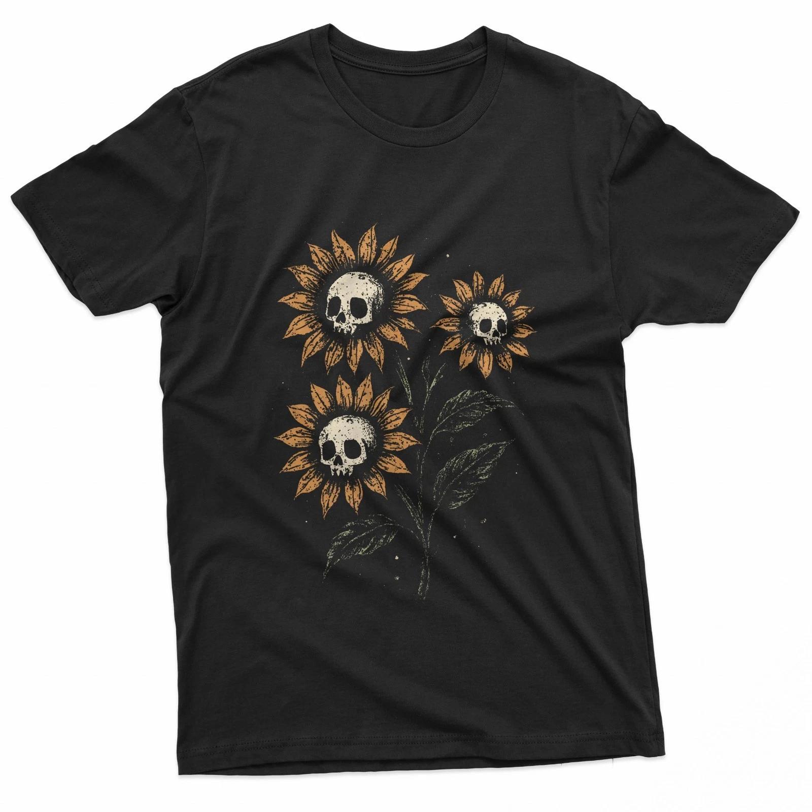 Skull Sunflowers Gothic Goth Creepy Cute Alt Grunge Y2K 100% Cotton T-shirt Mens Tees Top 3XL