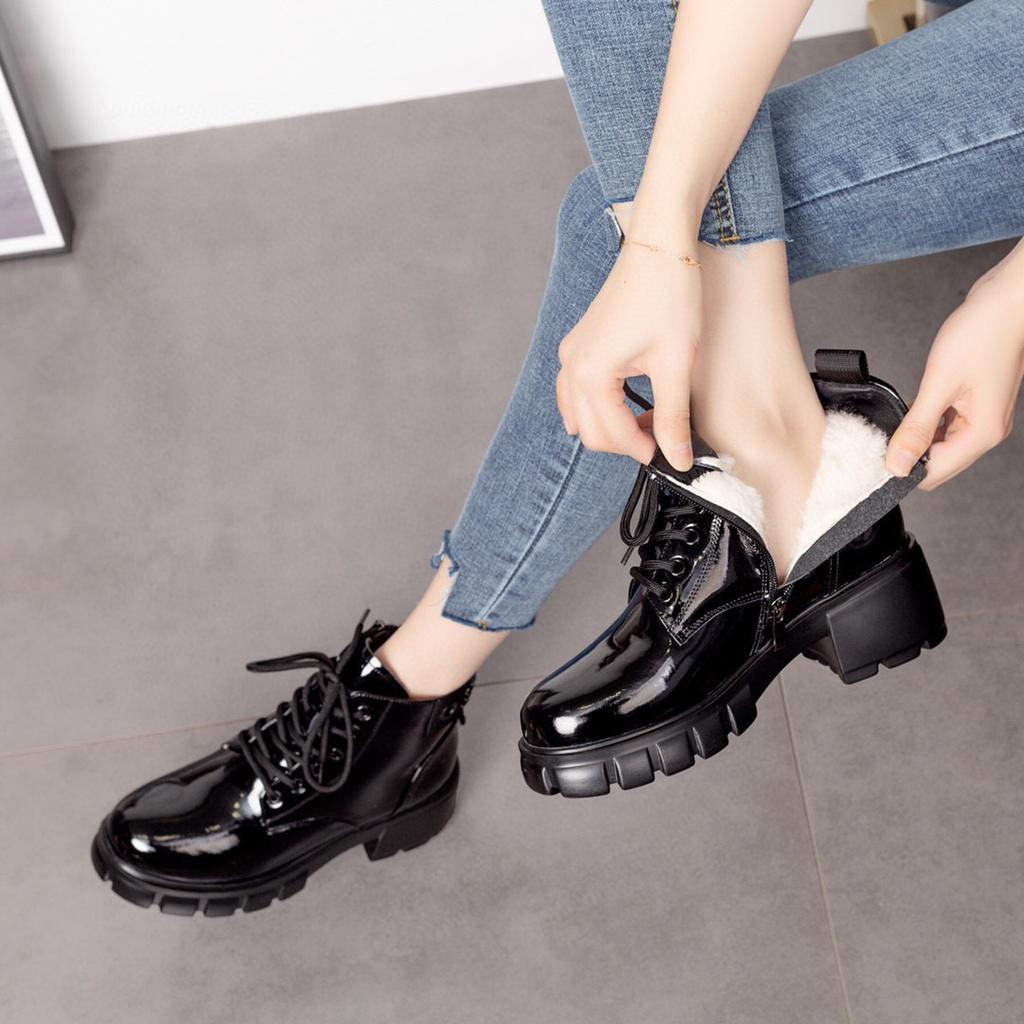 Thick-soled Short Boots Women's Boots Autumn and Winter New Cow Patent Leather Waterproof Table Muffin and Lace-up Locomotive Boots