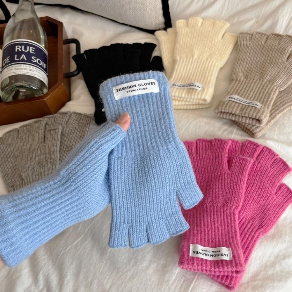 Fashion Thickened Knitted Gloves Touch Screen Solid Color Winter Mittens Keep Warm Half Finger Gloves Women