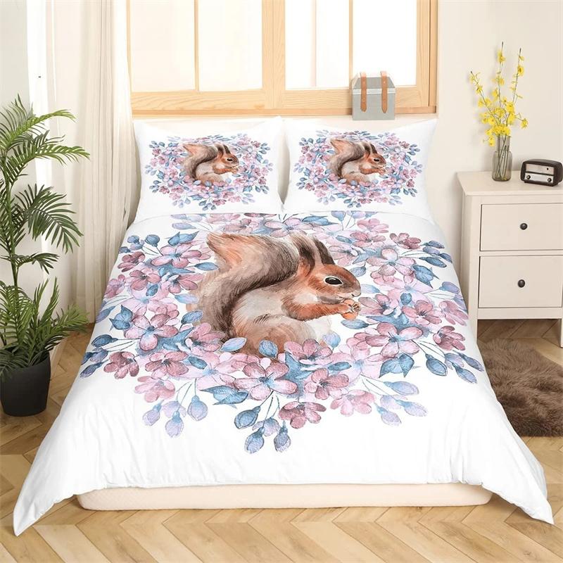 3D Squirrel King Queen Duvet Cover Lovely Animal Bedding Set for Kids Teens Adults Wildlife Green Leaves Soft 2/3pcs Quilt Cover