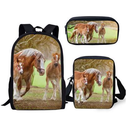 Grasland Pferdemuster dreiteiliges Rucksack-Federmäppchen-Umhängetaschen-Set lässig 3D-bedrucktes Rucksack-Set