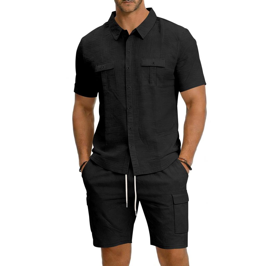 Men's Linen Solid Color Casual Holiday Shirt and Shorts Set