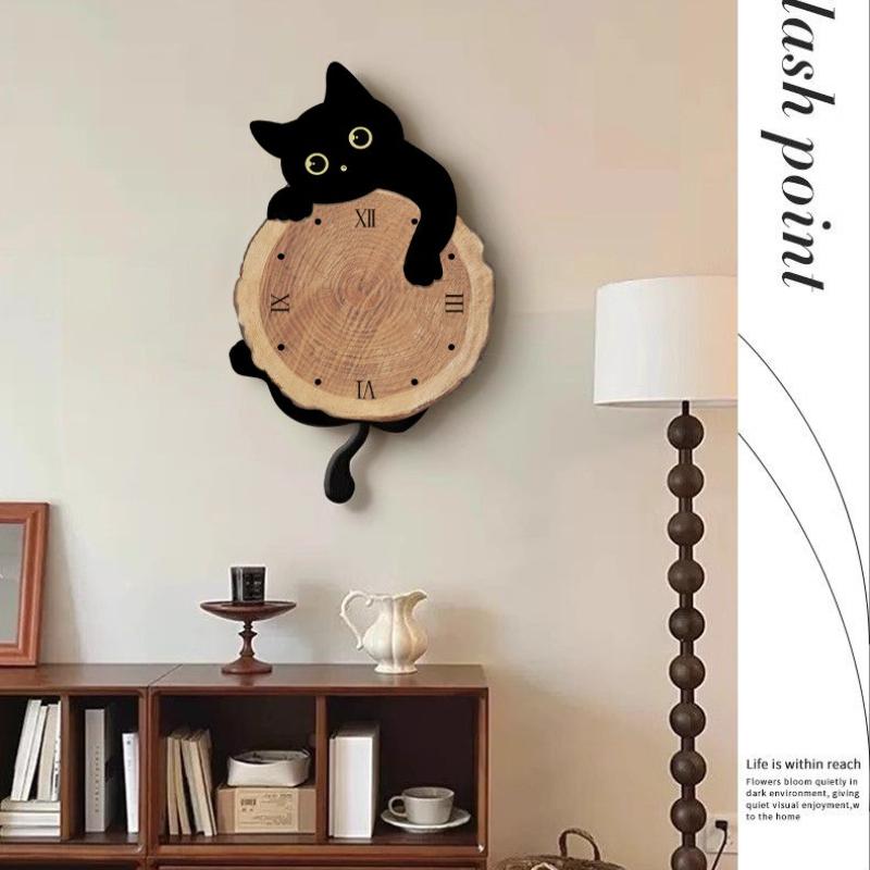 Cartoon Cat Wall Clock Creative Cat Tail Swing Wall Clock Quartz Mute Wall Clock Home Decoration Living Room Bedroom Decoration