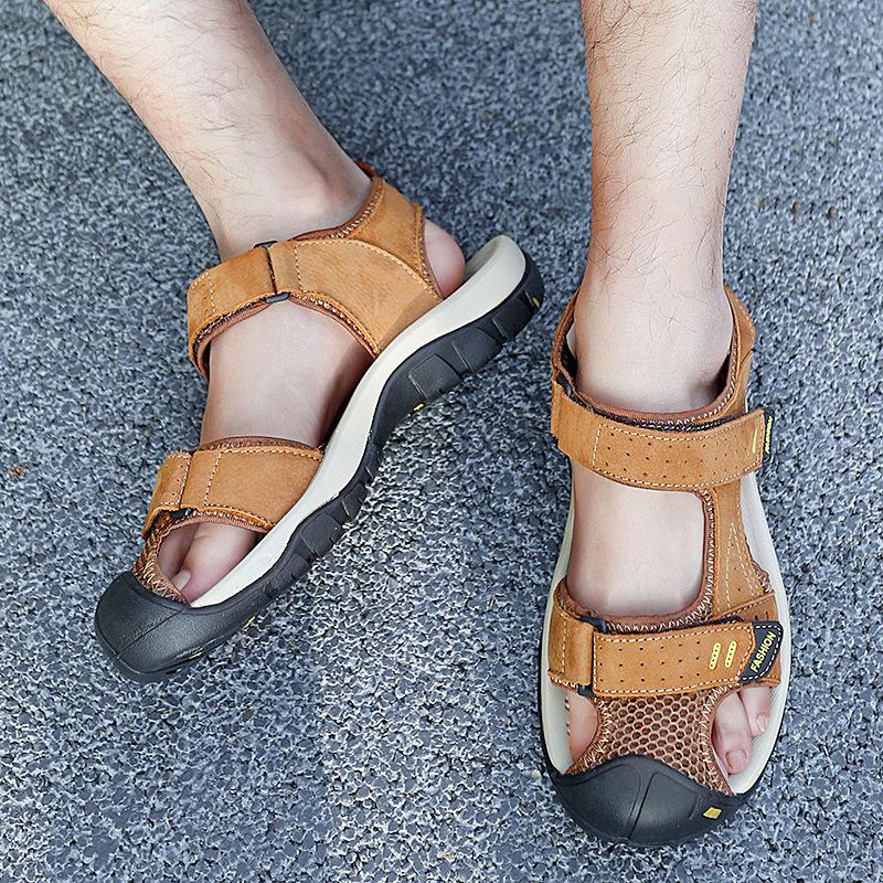 Foreign trade sandals men's 2025 summer new cowhide beach shoes hollow one pedal Velcro outdoor sandals