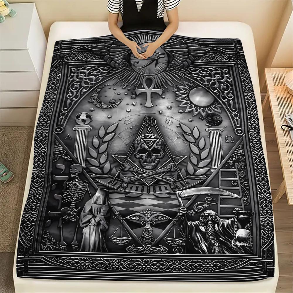 1Pc Masonic Freemason Print Flannel Blanket, High Quality Comfortable for All Seasons, Home Decor, Warmth and Comfort, Perfect for Christmas Gifts