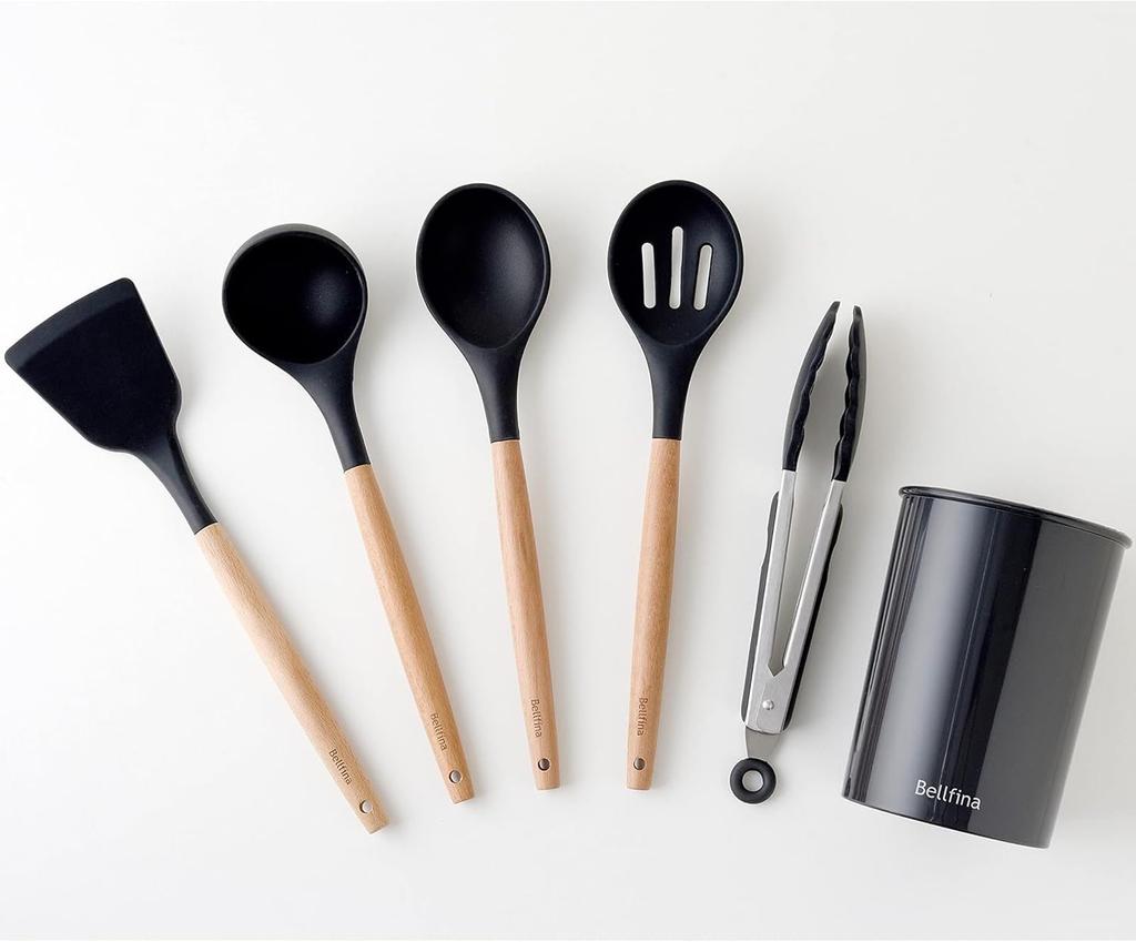 Ernest Silicone Kitchen Utensil Set Slotted and Storage with Wooden a Brand Favorited by Major 6-Piece (Turner, Ladle, Spoon, Spoon, Tongs, Case)