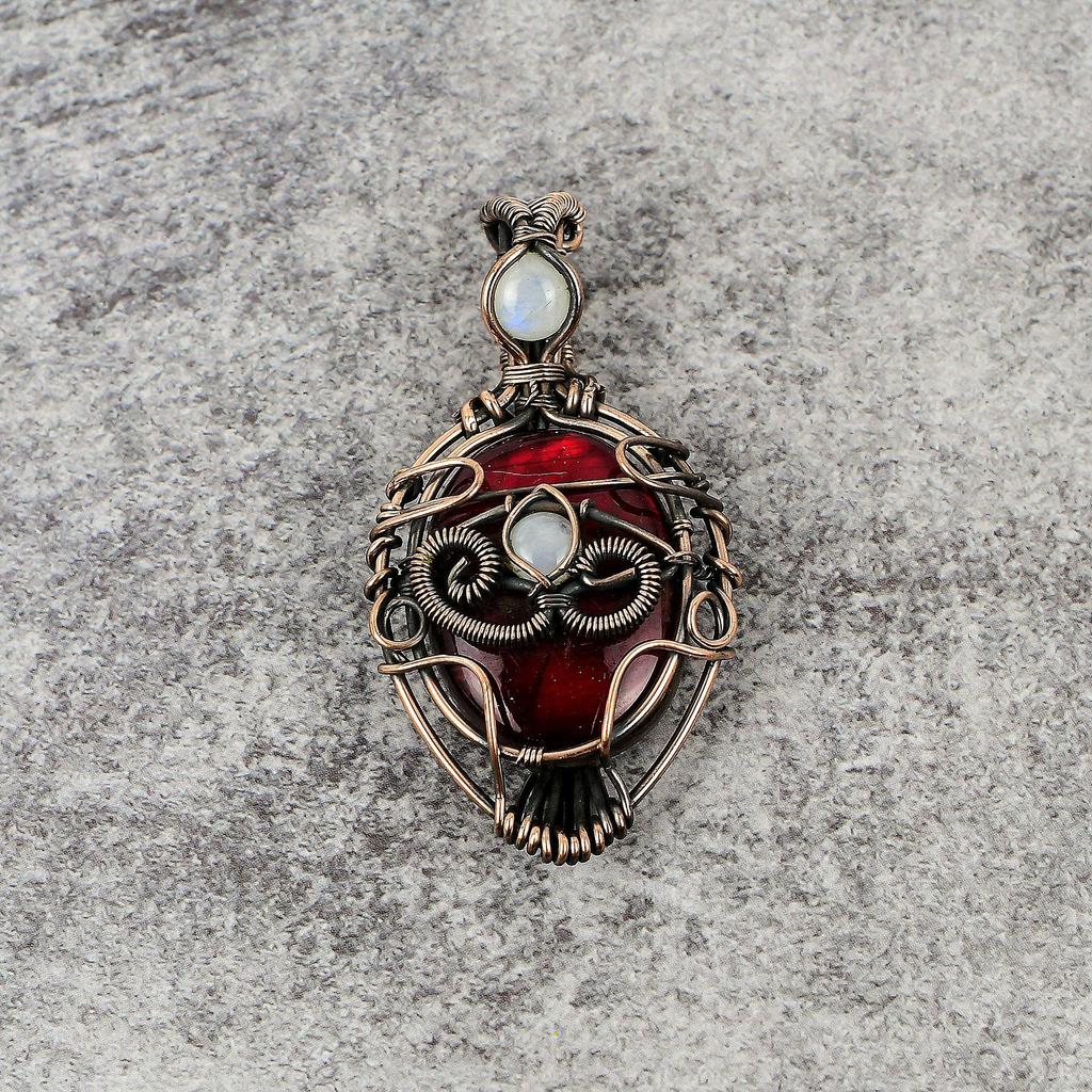 Red Flash Labradorite & Rainbow Moonstone Pendant, 999 Copper Wire Wrapped Jewelry, Gemstone Jewelry Pendant, Handmade Wedding Gift Jewelry
