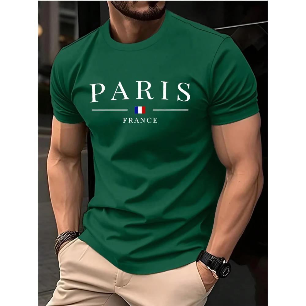 Summer men's 100% pure cotton casual loose plus size French printed sports comfortable round neck short sleeved T-shirt