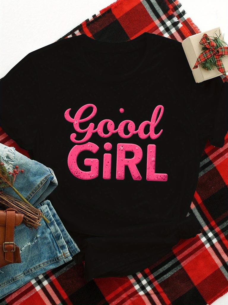 Womens Good Girl Graphic Tee Bold Pink Cursive Harajuku Sleeve Casual Clothing Street Tops Tees Aesthetic Clothes