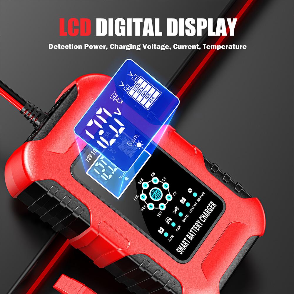 Încărcător inteligent pentru baterie auto 12V 24V cu afișaj LCD pentru motocicletă, încărcător automat în 7 etape, AGM, ciclu profund, GEL, umed-uscat, plumb-acid, încărcător