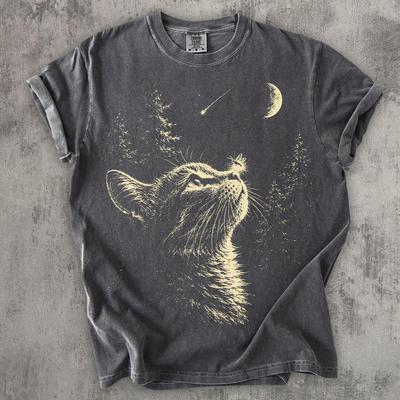 T-shirt Chat et Lucioles, T-shirt Chat au Clair de Lune, Cadeau Fantaisiste pour Amoureux des Chats, T-shirt Chat Cottagecore, T-shirt Graphique Chat Ciel Nocturne, Comfort Colors