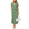 Striped Polo Collar Short Sleeve Top and Midi Skirt Two Piece Set in Multi Colors