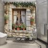 Rustic Window Shower Curtain - Dark Wood Frame & White Floral Design, Polyester, 12 Hooks, Natural Style Bathroom Decor
