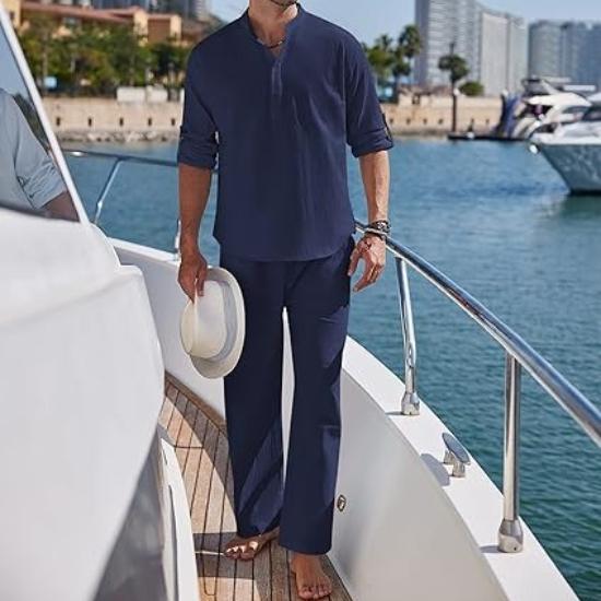 Men's Long Sleeve Shirt and Pants Suits Men Beach Wear Tracksuit Solid Color Shirts Sweatpants Hawaiian Vacation Men's Clothing