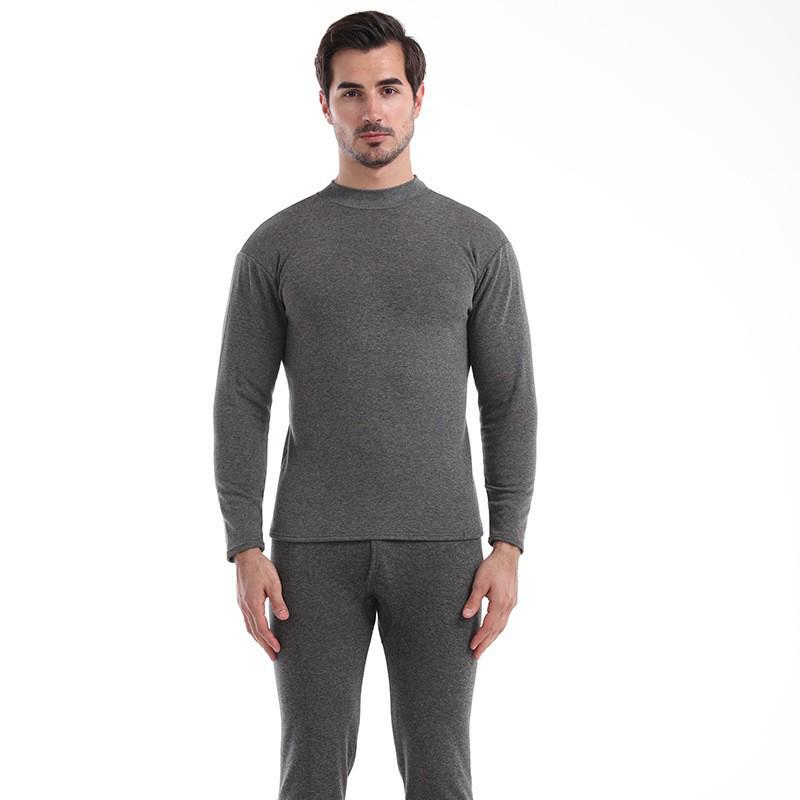 Men's Solid Color Brushed Plus Velvet Thermal Underwear Set for Autumn and Winter
