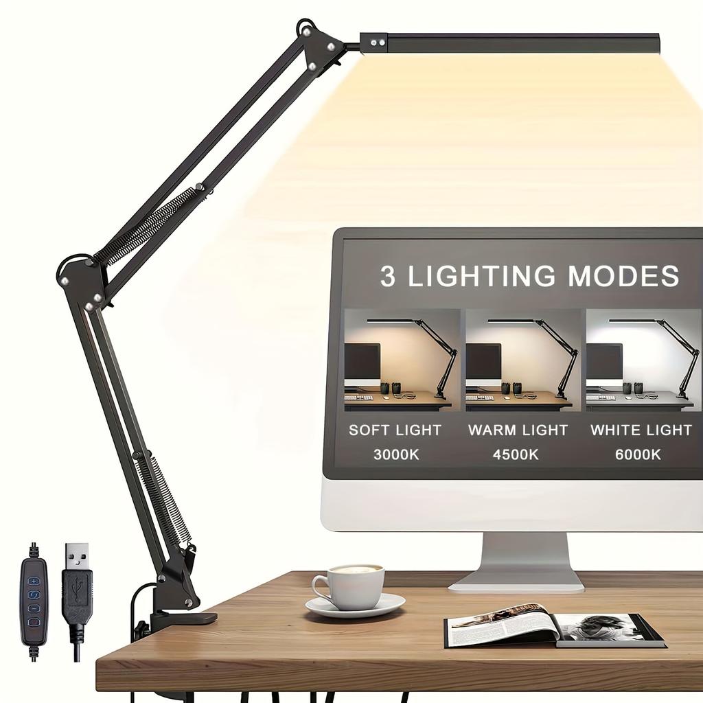 Double Head LED Desk Lamp, Workbench Table Lamp with Clamp And Flexible Swing Arm, 3 Colors and 10 Dimmable Architect Desk Lamps