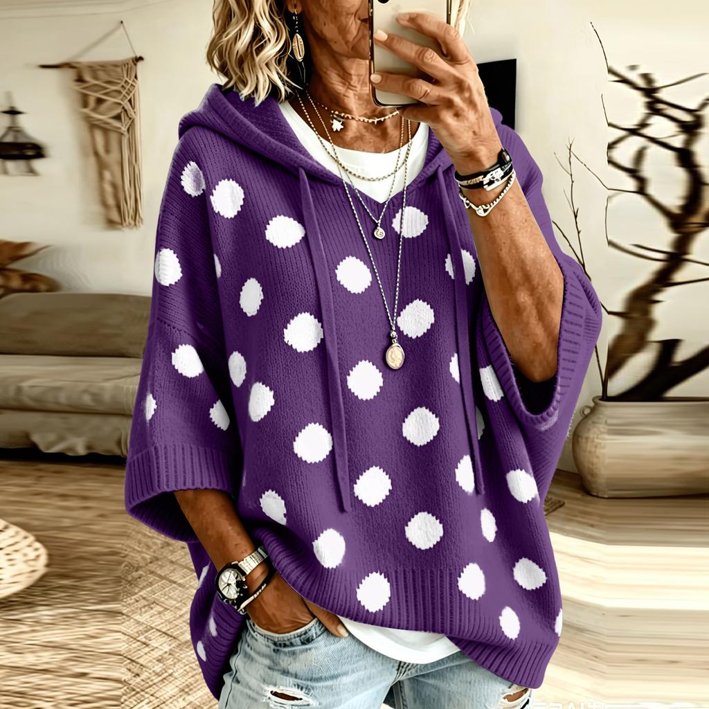 Women's Polka Dot Knit Hoodie Sweater with Drawstring Hood