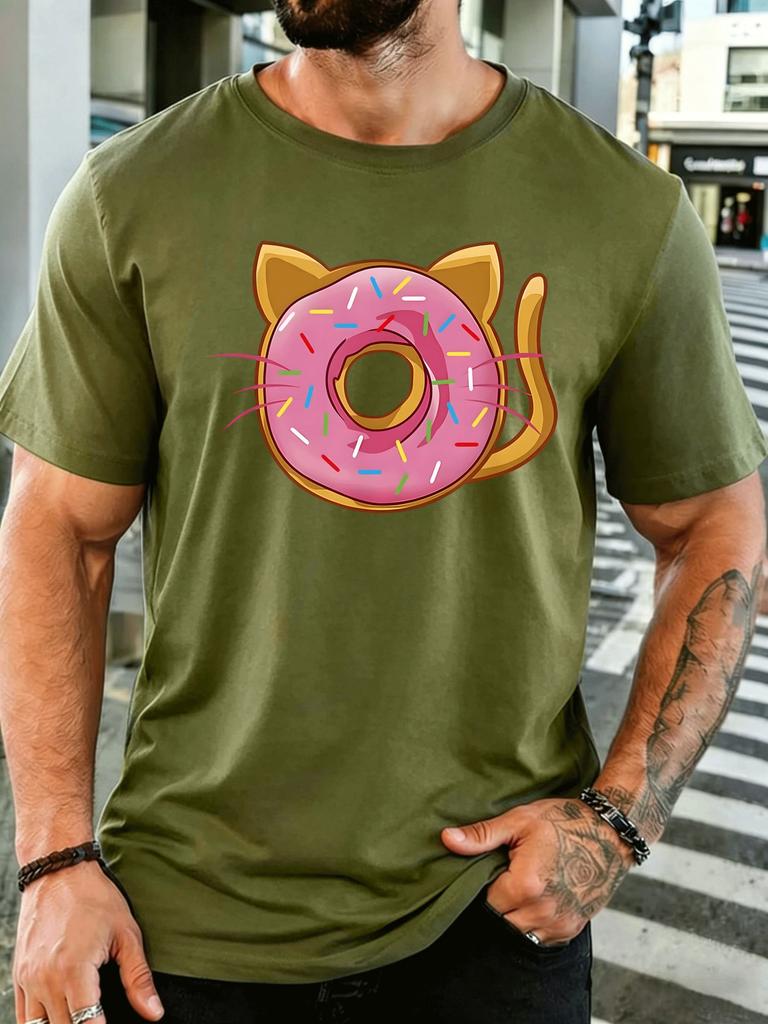Unisex Short Sleeve T Shirt Cat Ear Donut Graphic Tee Sweet Food Print Tops Summer Soft Cotton Casual Street Wear For Adult Male