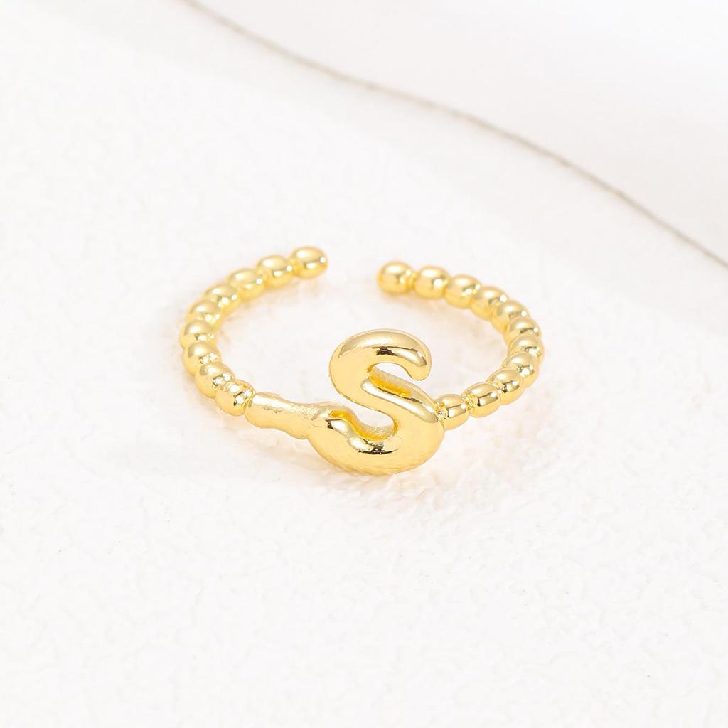 Adjustable 18K Gold Bubble Beaded Open Ring with 26 Alphabet Options