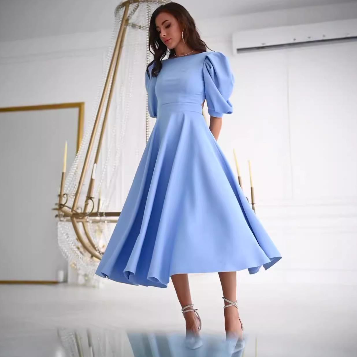 

2024 Європейська та Американська Жіноча Однотонна Сексуальна Сукня з Відкритою Спиною та Пишними Рукавами Великого Крою M небо синє кольору