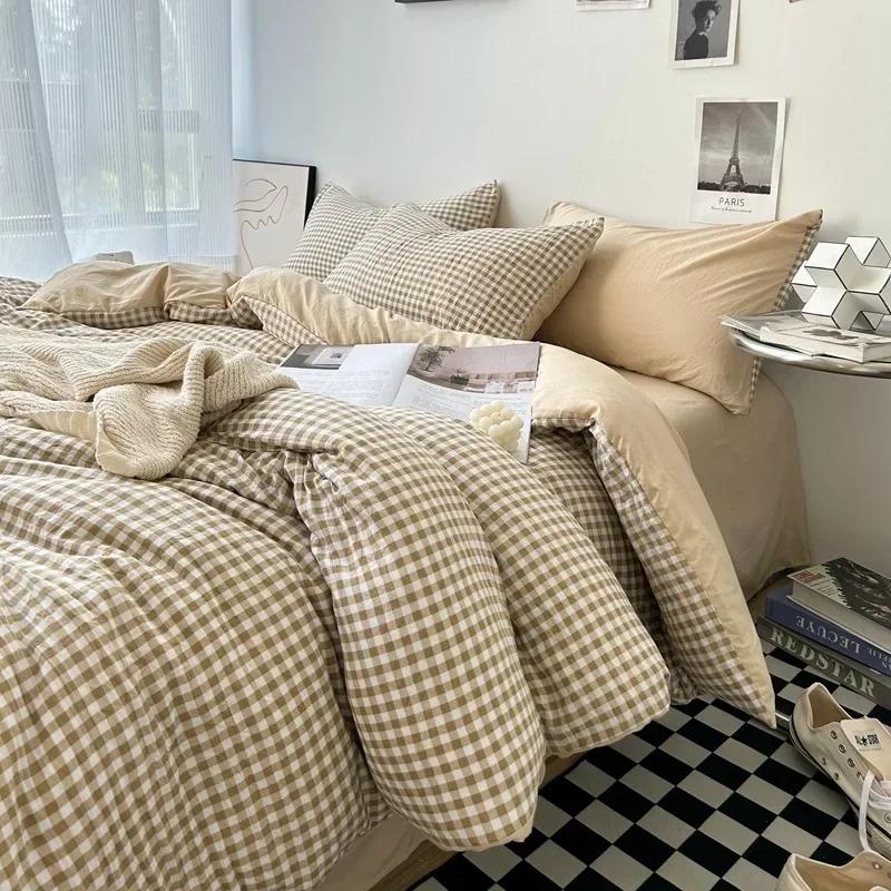 3/4PCS Striped Plaid Duvet Cover Set with Sheet 2Pillowcases Soft Skin Friendly No Filling Warm Twin Full Queen Size Bedding Set