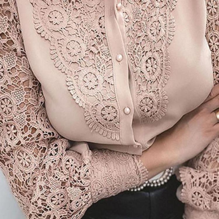 Women Shirt Blouse Lace Patchwork Solid Color Buttons Fashion Daily Wear Popular