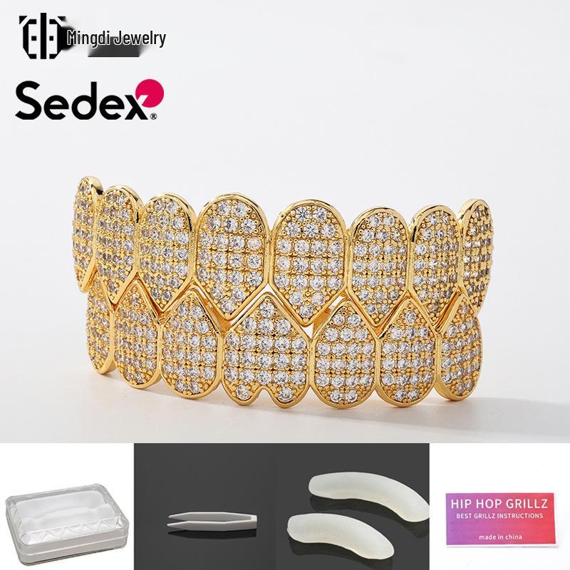 Grillz din Cupru Placat cu Aur Real de 14K și Zirconiu – Halloween Hip Hop Exagerat Rap Bijuterii pentru Dinți cu Diamante