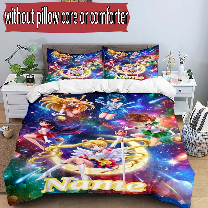 3pcs Duvet Cover Set (1*Duvet Cover + 2*Pillowcase, Without Core), Custom Name Sailor Moon Pattern Bedding Set, Home Bedroom Decor Gift