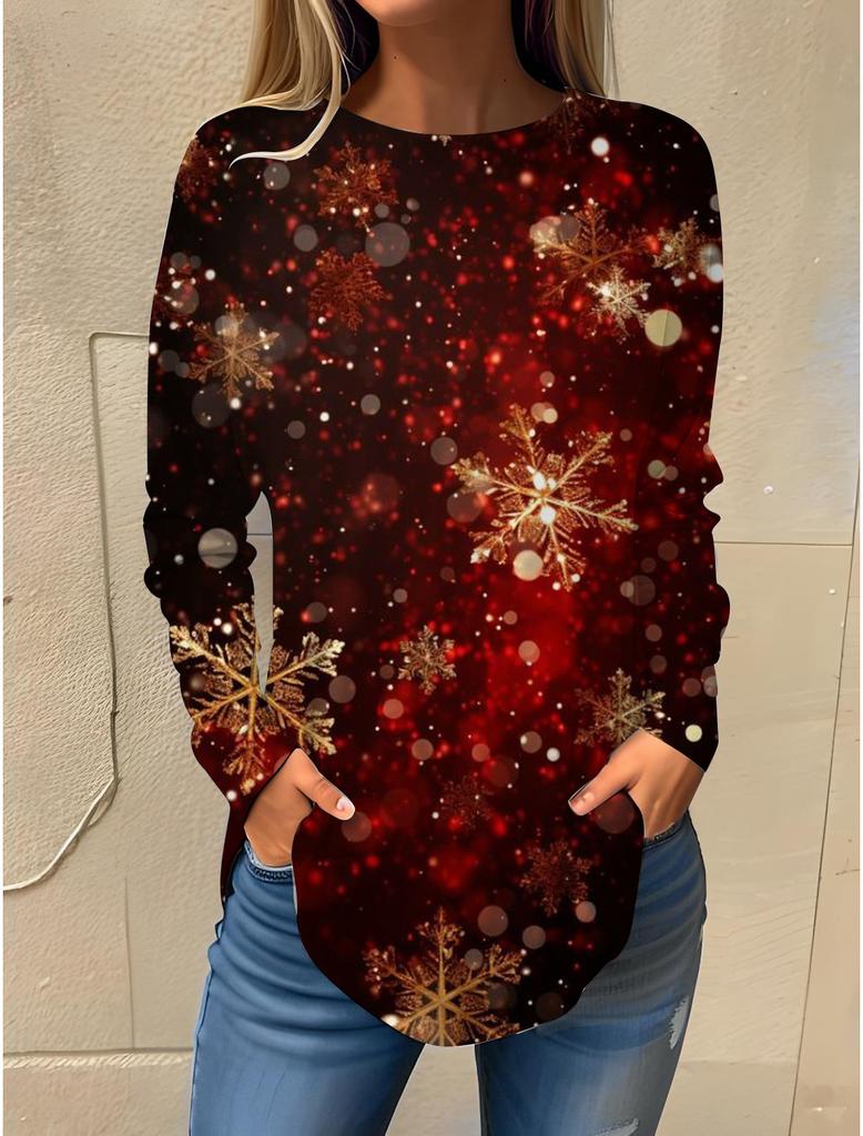 Weihnachtsthema Schneeflocke 3D-Druck O-Ausschnitt Langarm T-Shirt Mode Damenkleidung Casual Y2K Kleidung Harajuku Damenkleidung