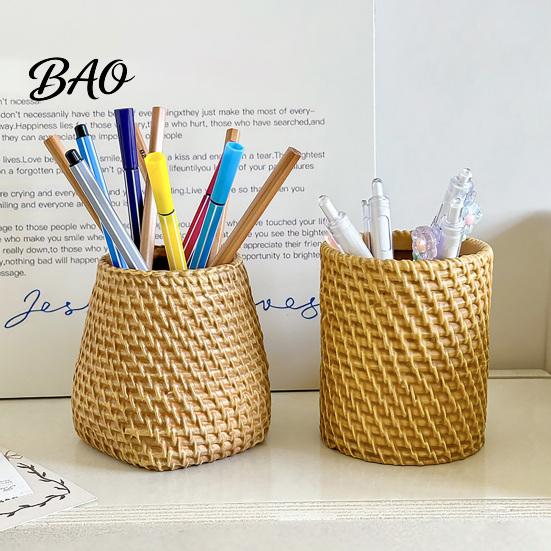 Office Desk Organizer Faux Rattan Pen Holder, Woven Style Makeup Brush Boho Resin Holder Desktop Organizer, Multi-functional Pencil Cup for Home