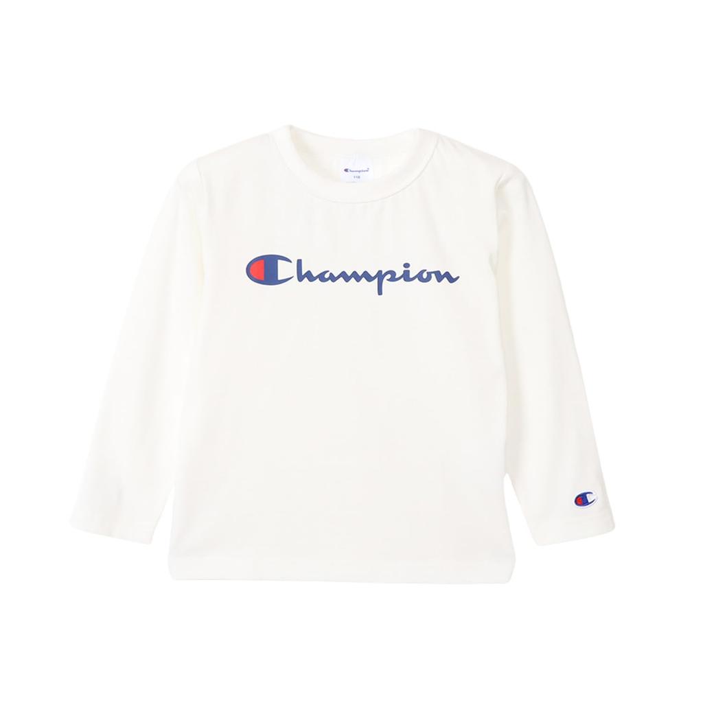 Champion Long Sleeve Crew Script Size 110 Kids' T-Shirt, Neck, 100% Cotton, Logo, Basic, Off-White, (CK-Y402)