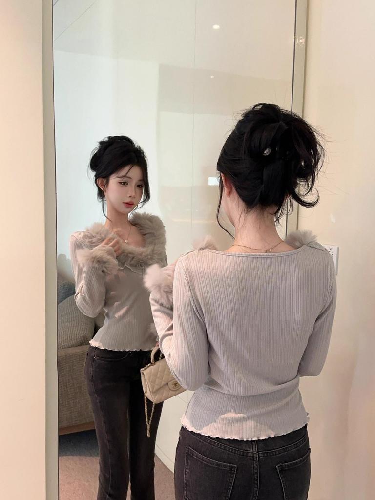 Feel French Lace Slimming Sweet Patchwork Long Sleeve Thinning Fur Collar Women's Autumn Top