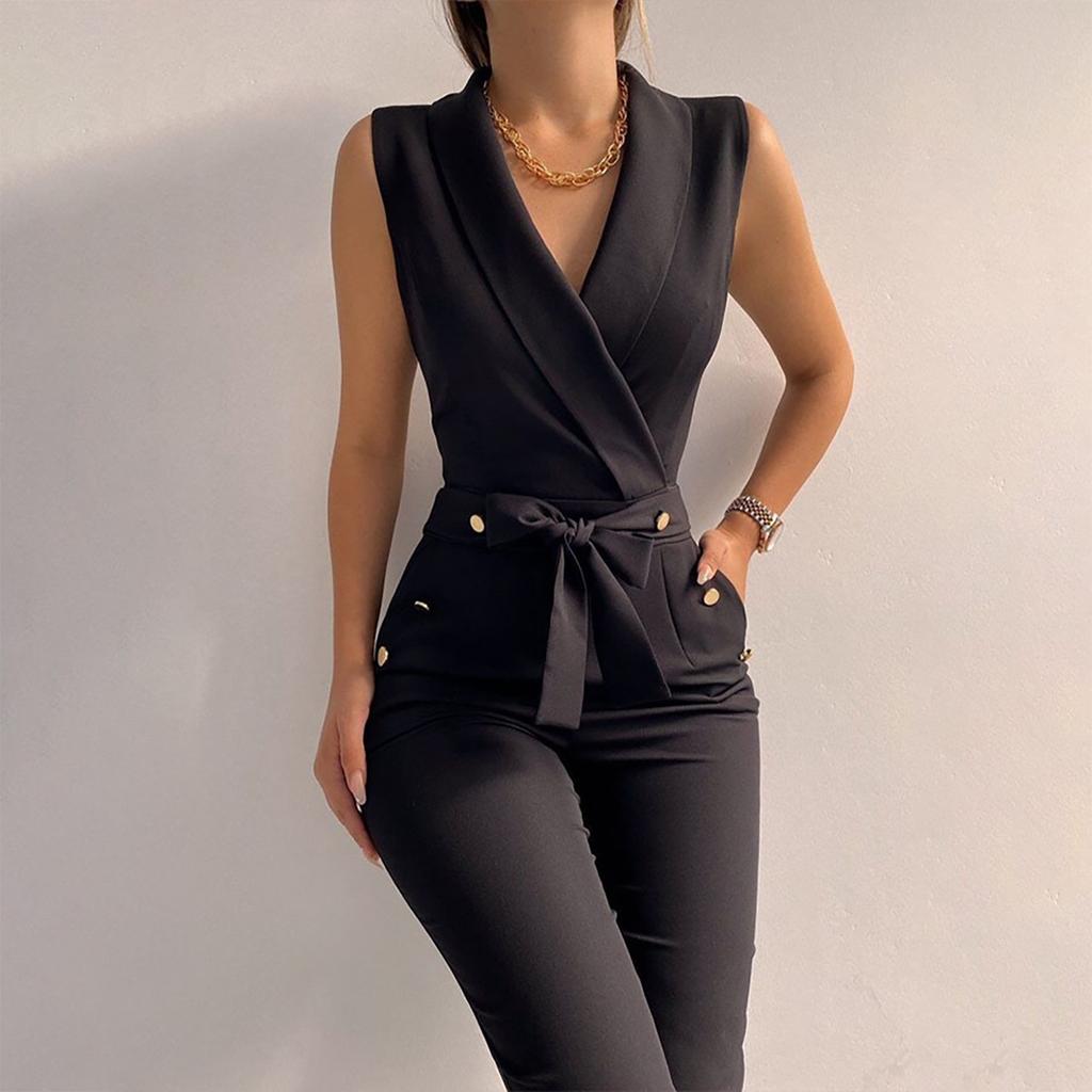Womens Fashion Color T Wist Button V-Neck Sleeveless Slim Fit Business Jumpsuit