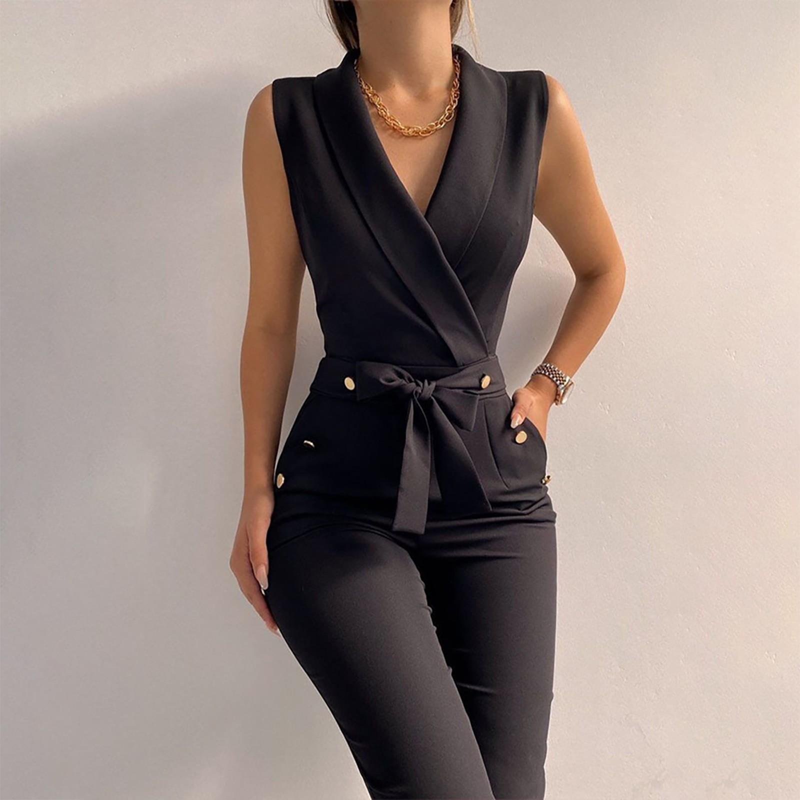 

Womens Fashion Color T Wist Button V-Neck Sleeveless Slim Fit Business Jumpsuit S чёрный