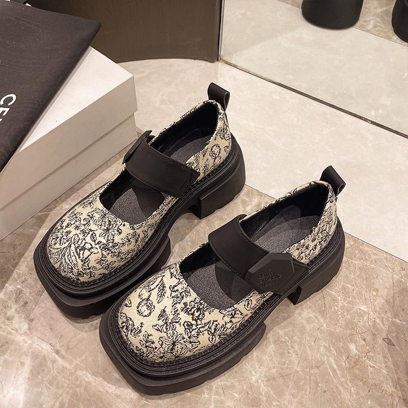 National style new Chinese loafers women's new spring and autumn thick heel printed single shoes platform Mary Jane small leather shoes