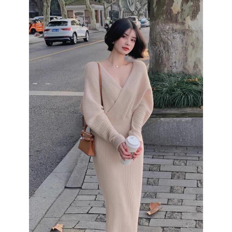 Long Sweater Skirt with Coat for Women Over the Knee with Bottom V-neck Knitted Dress for Women In Autumn and Winter