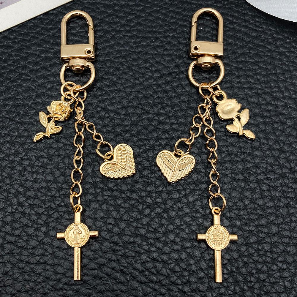 Gold Rose Heart Wings Cross Alloy Keychain Pendant