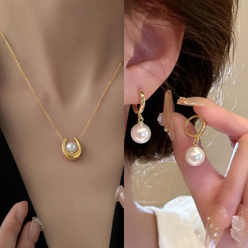 Colar Brincos Pingente Pérola Forma U Aço Inoxidável Para Mulheres Noiva Gargantilhas Joias Que Não Desbotam Presente