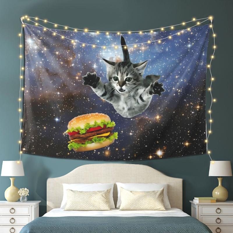 Space Cat Burger Tapestry Funny Trippy Space Cat Wall Hanging for Bedroom Dorm Gaming Room Decor 100X70CM